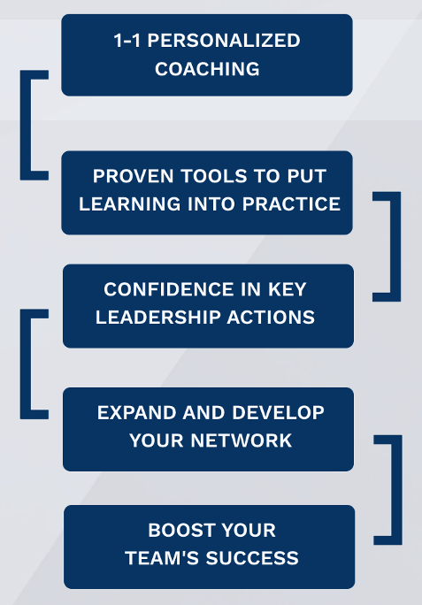 A visual representation of what you get working with TEAMES & CO - 1-1 Personalized coaching, proven tools to put learning into Practice, Confidence in Key leadership actions, Expand ad develop your network, Boot your teams's success.